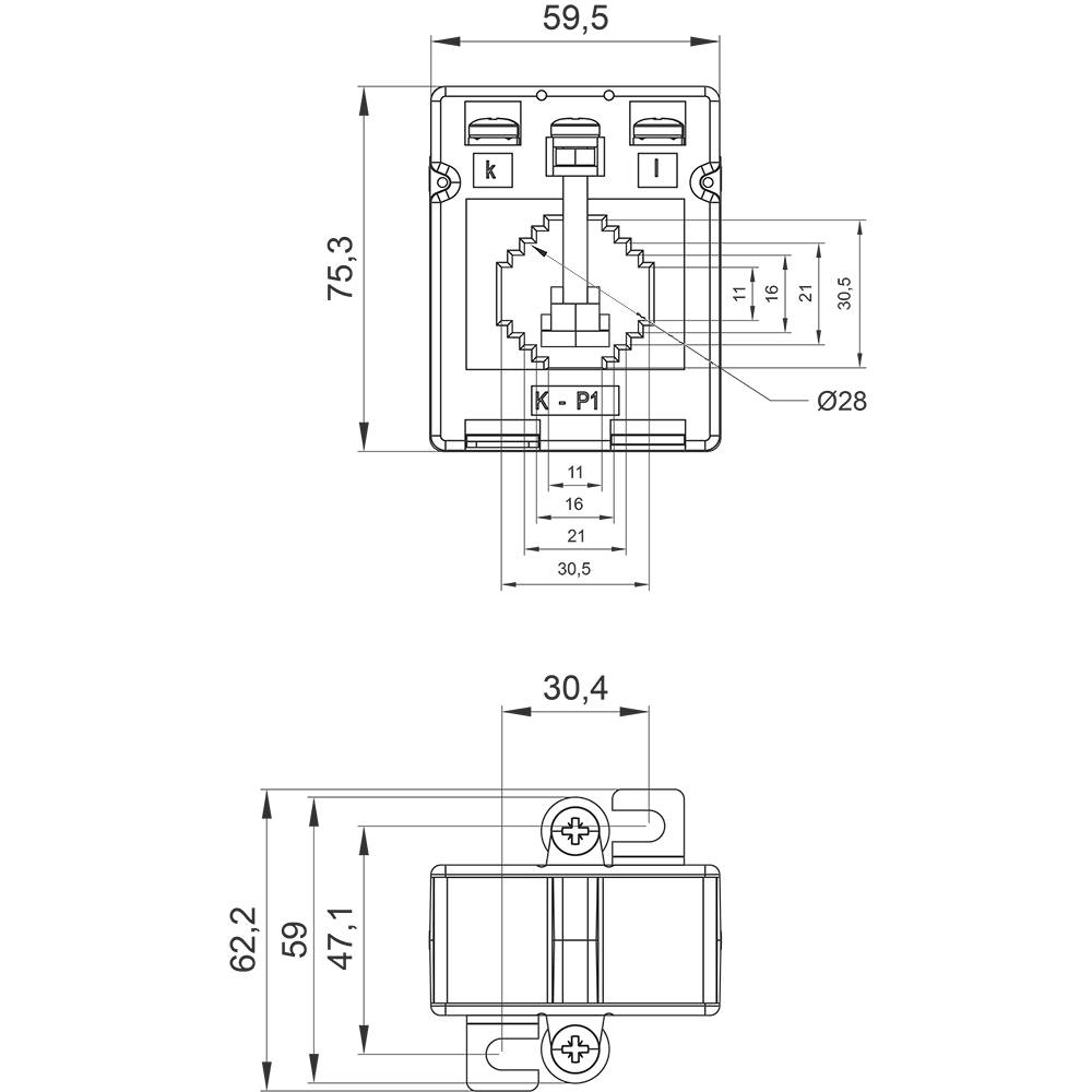 Technical drawing of a device with dimensions in millimetres. Top: Width 59.5, Height 75.3. Bottom: Depth 30.4. Contains connections K and PI.