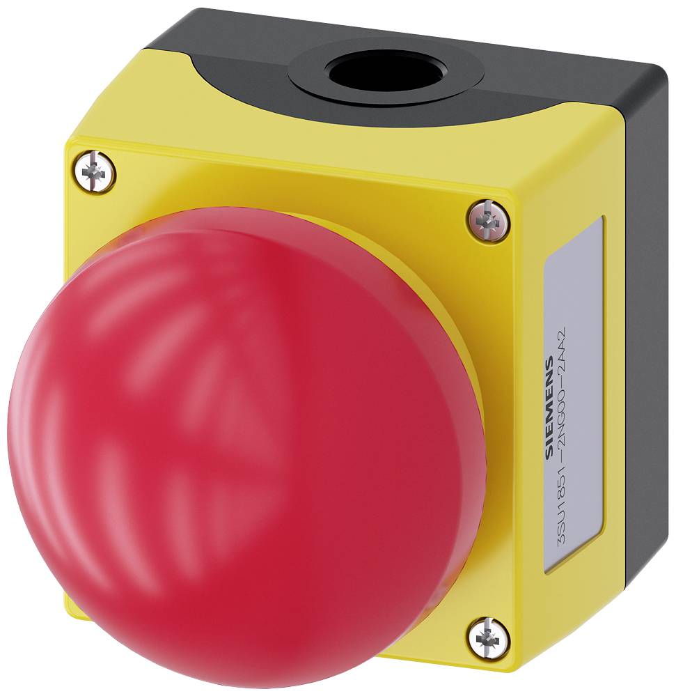 A large red emergency stop button on a yellow housing, used for quickly shutting down machinery in emergency situations.