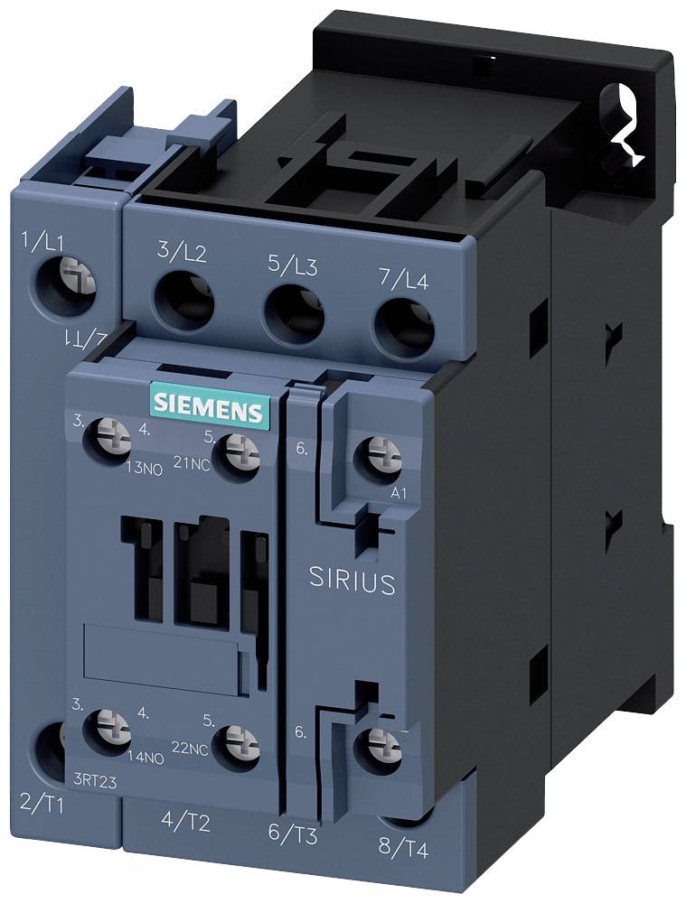 'Siemens SIRIUS contactor', electrical switching device, dark blue and black, with multiple connection terminals on the front.