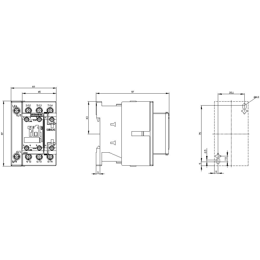 Technical drawing of an electrical component in three views: front view, side view, and top view with dimensional specifications.