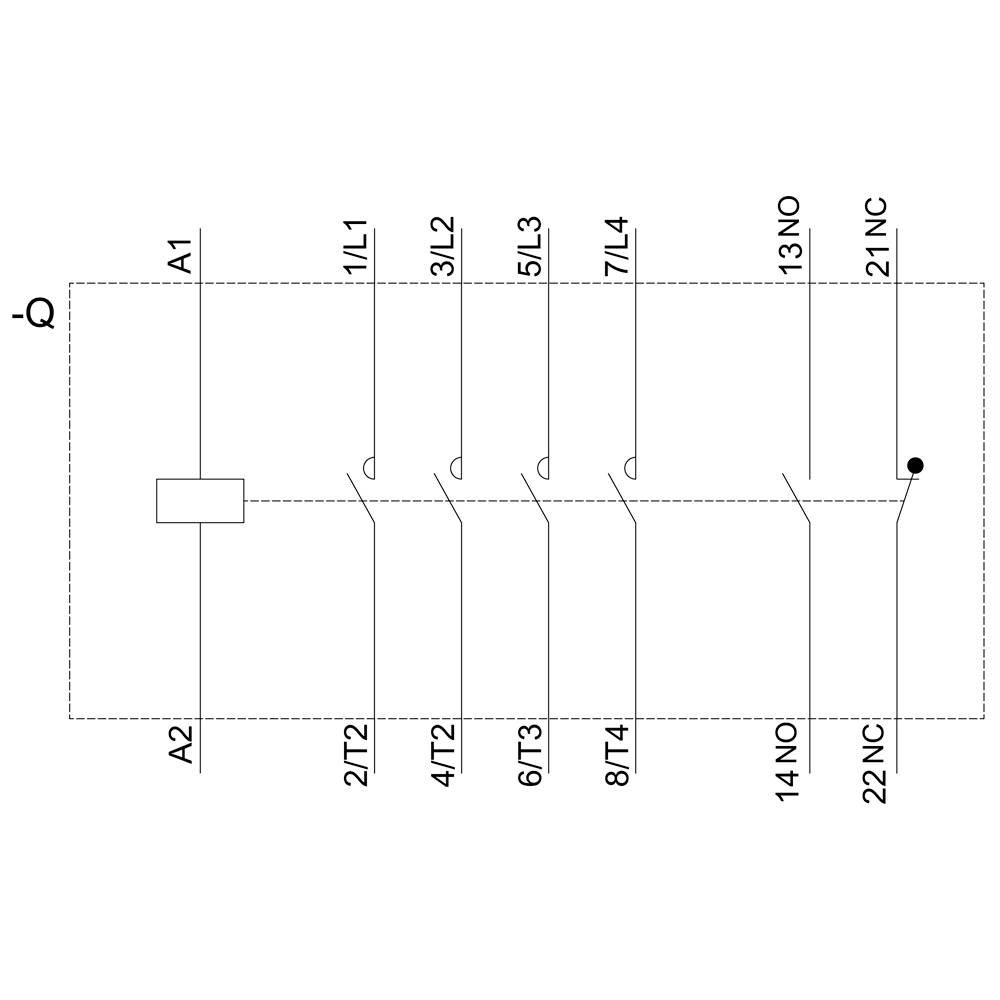 'Circuit diagram with five vertical conductors: A1, 1/L1, 3/L2, 5/L3, 7/L4. Connections to A2, 2/T2, 4/T2, 6/T3, 8/T4.'