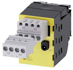 A yellow AS-i module with multiple terminal blocks and a black housing element. It features a 'FAULT' inscription.