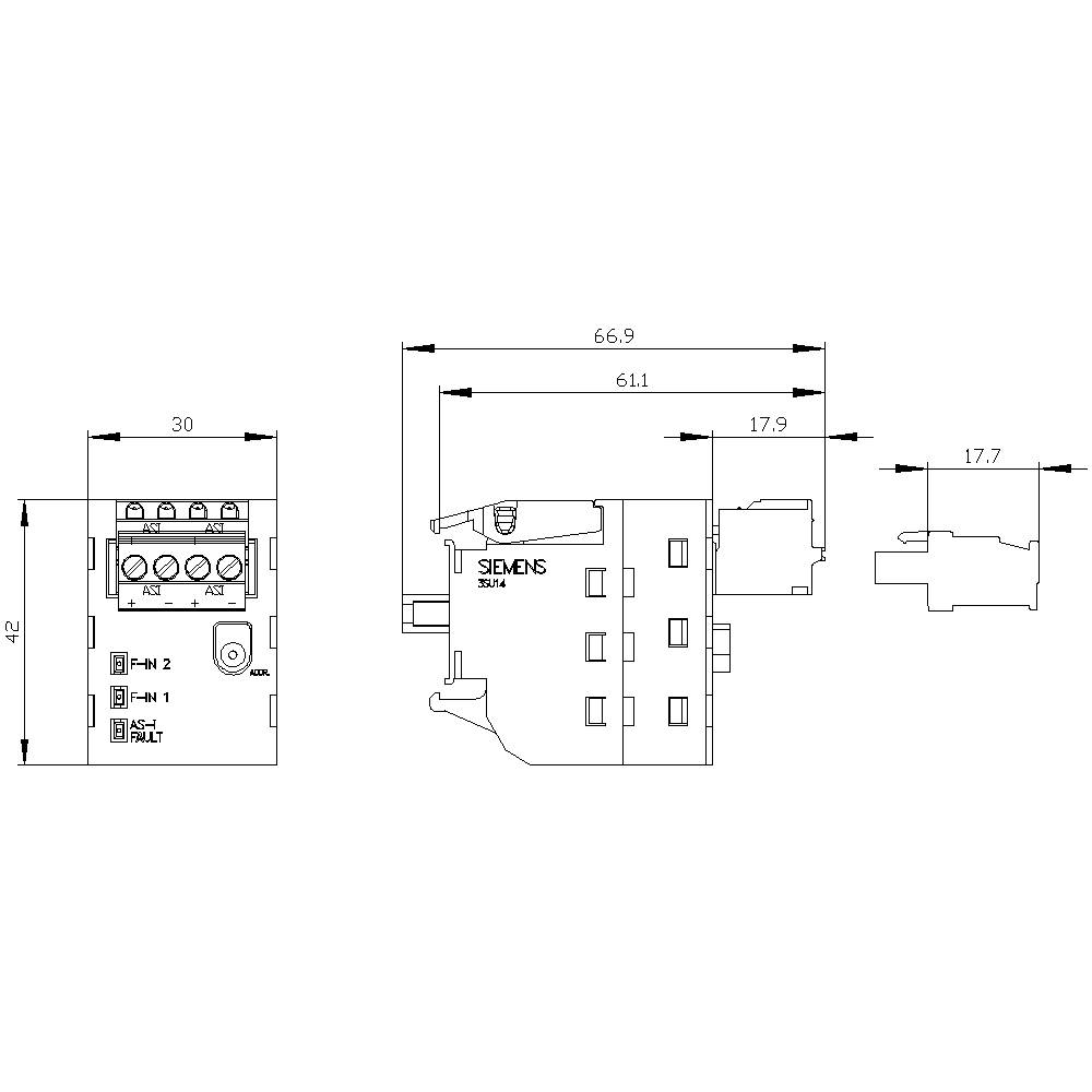 Technical drawing of an electrical switch with dimensions: width 30 mm, height 42 mm, depth 17.7 mm. Main components marked.