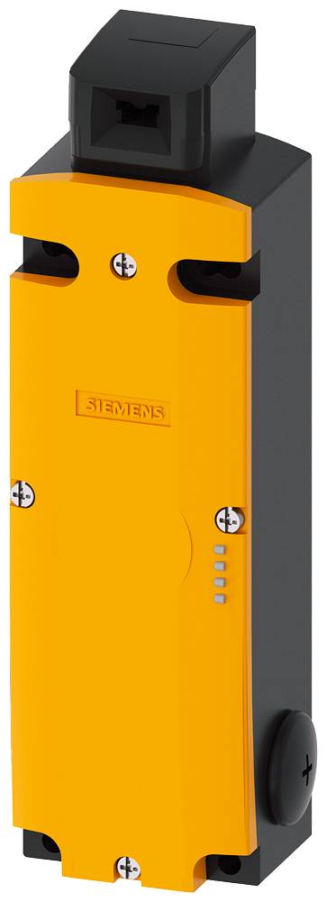A rectangular, orange safety switch with a black housing. It features screw fixings and is positioned vertically.