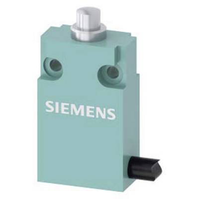 A turquoise Siemens micro-switch with two mounting holes and one black and one silver contact.