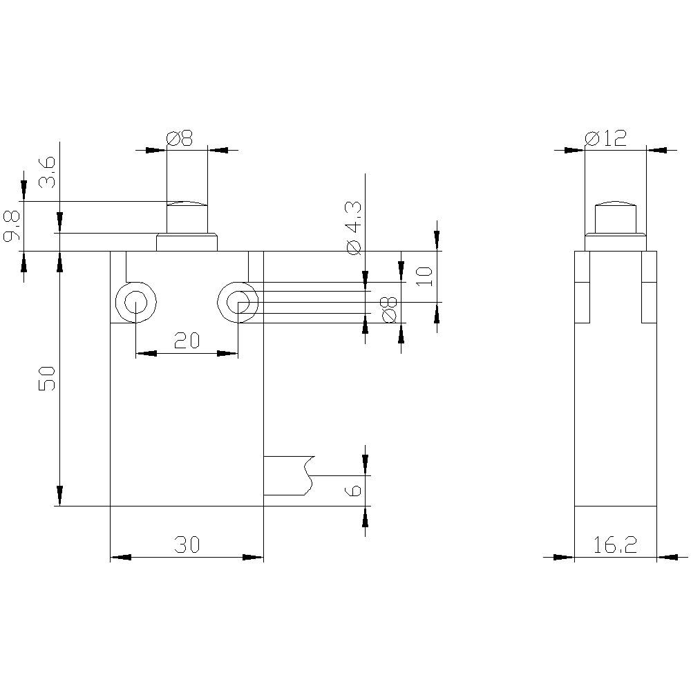 Technical drawing of a mechanical component with dimensions: height 50 mm, width 30 mm. Details such as diameter and distances shown.
