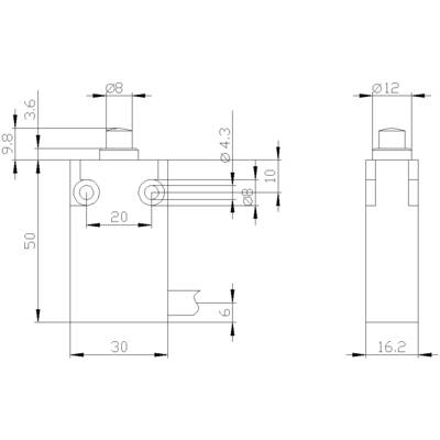 Technical drawing of a mechanical component with dimensions: height 50 mm, width 30 mm. Details such as diameter and distances shown.