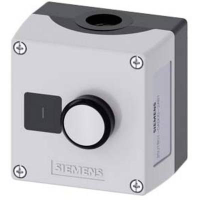 Grey, square Siemens push button with a black button in the centre and mounting screws at the corners, on a white background.