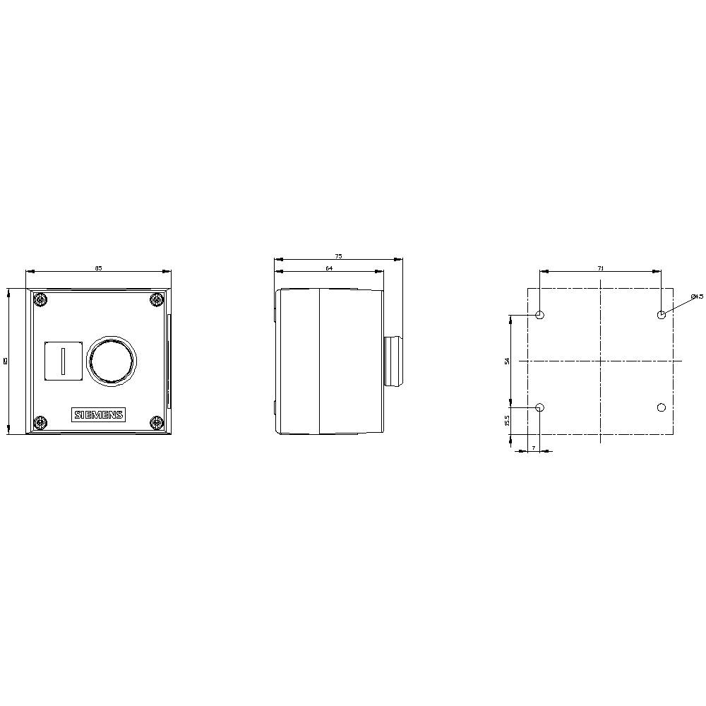 Drawing of a rectangular enclosure with side view and front view, dimensions indicated in millimetres.