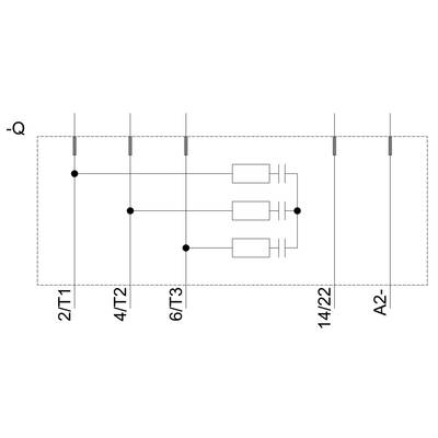 Circuit diagram with three transistors (T1, T2, T3), two resistors and connections. Displaying positions 2/T1, 4/T2, 6/T3, 14/22, A2-.