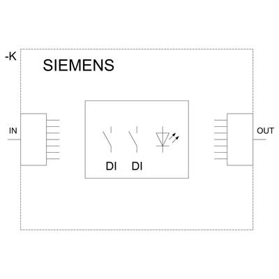 'SIEMENS' logo top left. Circuit diagram with marked inputs 'IN' and outputs 'OUT'. Two 'DI' symbols and an LED indicator in the centre.