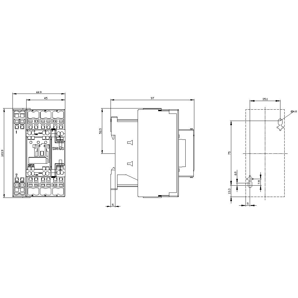 Technical drawing of an electrical device with dimensions and labels in three views: Front view, Side view, and Top view.