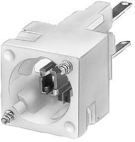 A white electric plug connector with two visible metal pins and a large socket at the front.