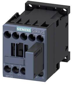 A black and blue electrical contactor from Siemens, SIRIUS model, with multiple connections and switches on the front.