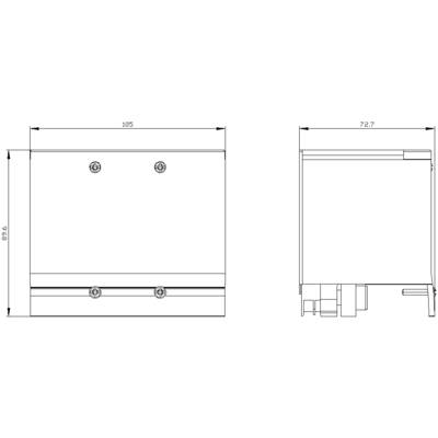 Technical drawing of a rectangular component with dimensions: width 105, depth 72.7 and height 91.6 millimetres, front and side view.