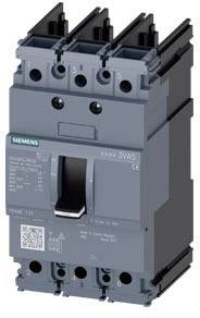 A three-pole Siemens circuit breaker with a black lever in the centre, mounted on a grey plate. Product number visible.