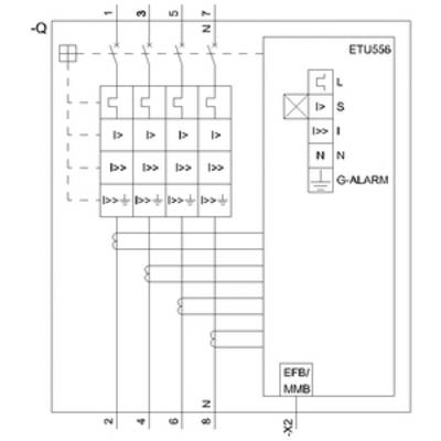 Schematic diagram of a protective device ETU556 showing inputs L, S, I, N and output G-ALARM. Connections to EFB/MMB.