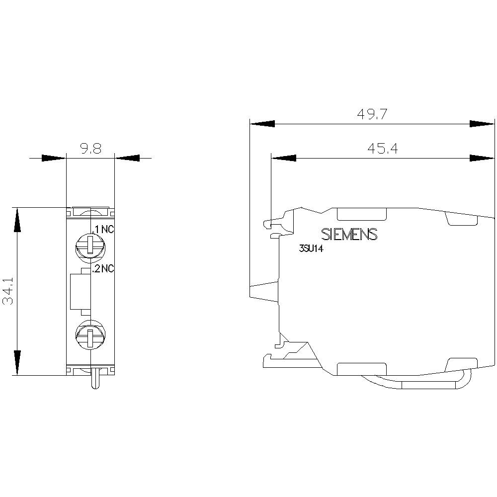 Technical drawing of a Siemens switch with dimensional specifications: Height 34.1 mm, Width 9.8 mm, Depth 49.7 mm, Connections 1 NC and 2 NC.