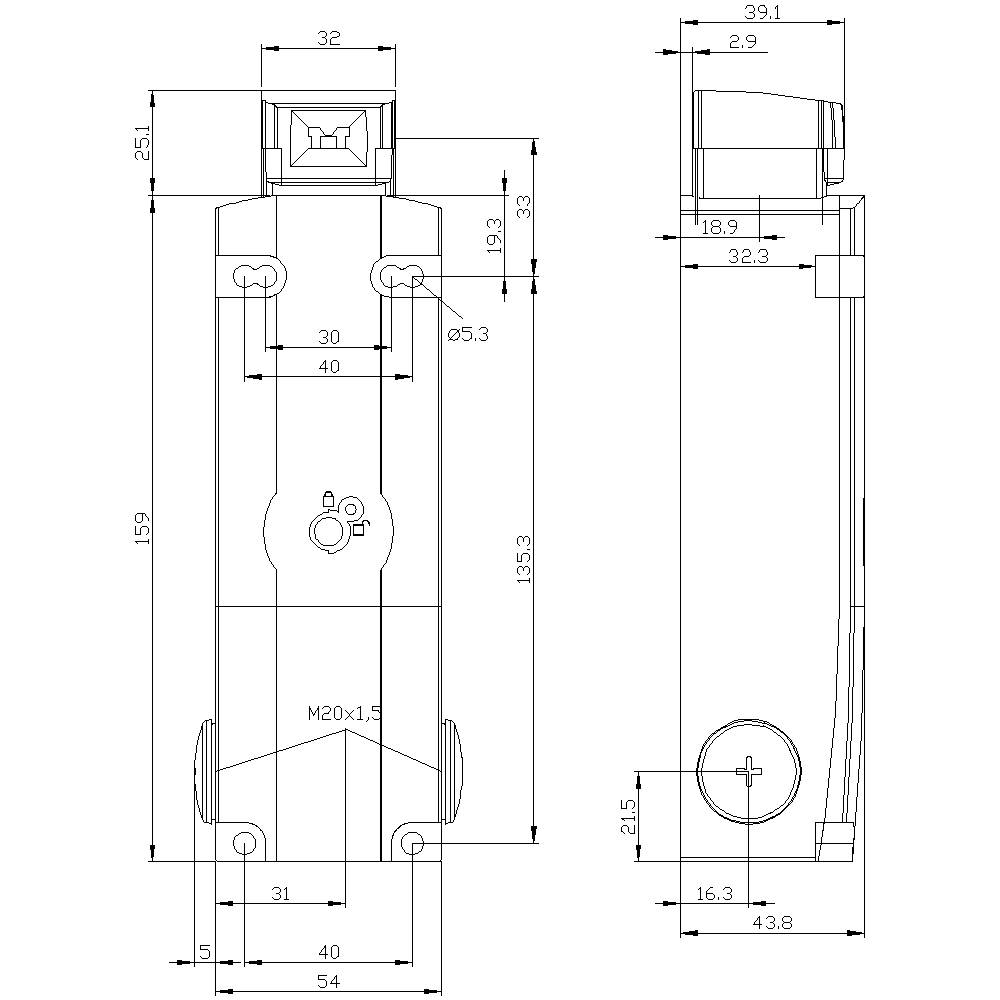 Technical drawing of a housing with front and side views. Dimensions in millimetres, including width, height and depth.