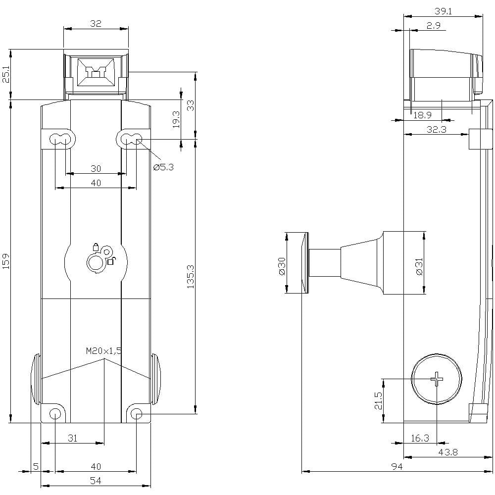 Technical drawing of a mechanical component with dimensions in millimetres. Front and side views show detailed specifications.
