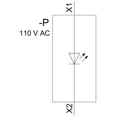 Circuit diagram of a diode symbol between two terminals X1 and X2. Voltage '110 V AC' is shown, marked as '-P'.