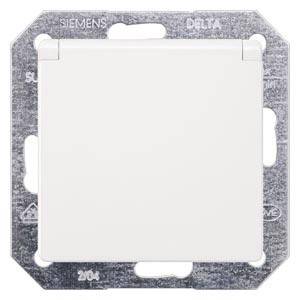 A white light switch with a metal frame. 'SIEMENS' and 'DELTA' are embossed at the top, with symbols and numbers visible at the bottom.