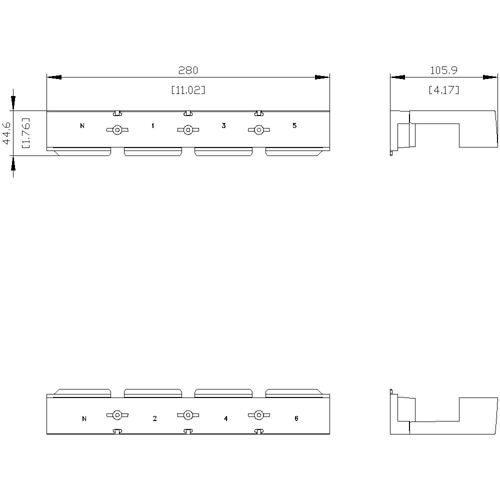 Technical drawing of a multi-part component with dimensions. Top: Length 280, Height 105.9. Bottom: several numbered sections.