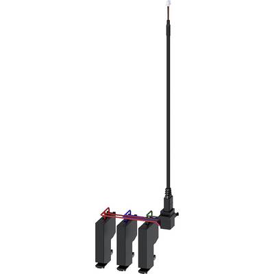 Antenna system with three black antenna modules, mounted on a support structure. Connected with coloured cables and a rectangular connector.