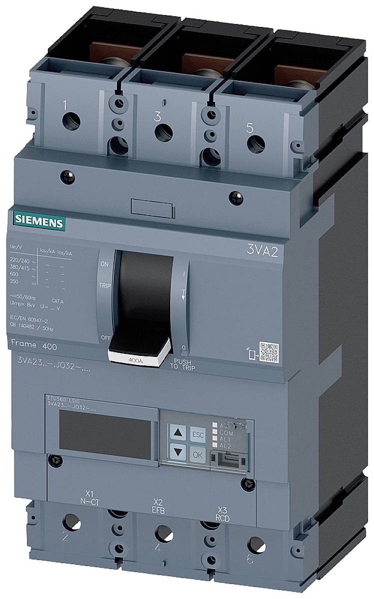 A Siemens industrial circuit breaker, Model 3VA2, grey-blue with a black switching lever, labelled with technical specifications.