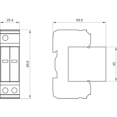 Technical drawing of a component with two views. Dimensions are 25.4 mm, 69.5 mm, 89.8 mm and 45 mm. Shows form and dimensions.