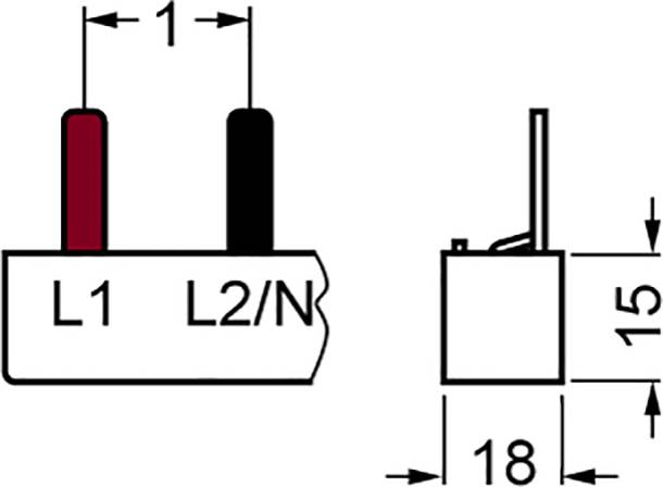 Circuit diagram shows two terminals: L1 (red) and L2/N (black). Dimensions: height 15 mm, width 18 mm, distance between terminals 1 mm.