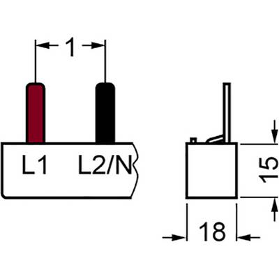 Schematic of an electrical connector with two terminals, marked as 'L1' (red) and 'L2/N' (black). Dimensions: 1 x 18 x 15 mm.