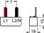 Schematic of an electrical connector with two terminals, marked as 'L1' (red) and 'L2/N' (black). Dimensions: 1 x 18 x 15 mm.
