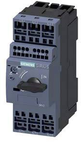 A Siemens Sirius motor starter showing several connections and a main switch with the positions 'I' and 'O'.