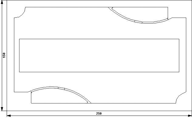 Drawing of a rectangular component with rounded corners, 250 units long and 150 units wide.
