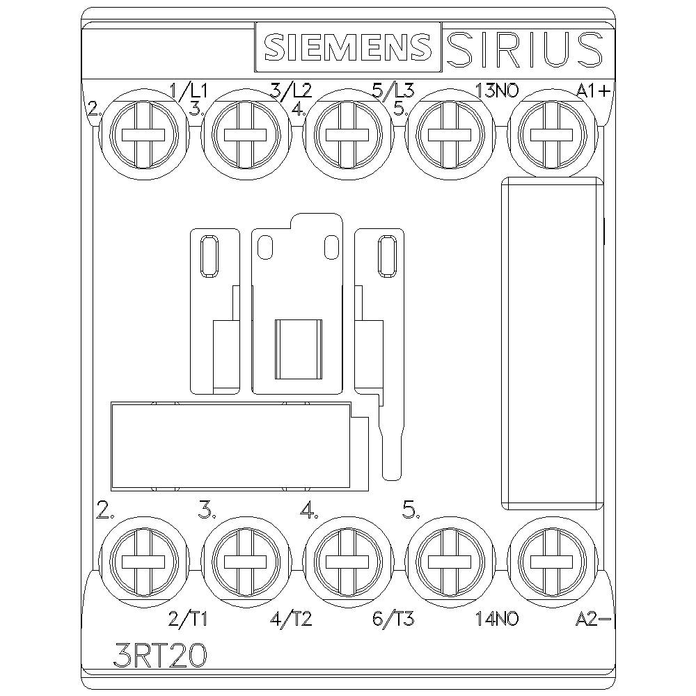 'Siemens SIRIUS 3RT20' contactor, shows connection points and labels for electrical connection at the top and bottom.