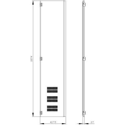 'Technical drawing of a narrow cabinet with ventilation slots. Dimensions: Height 1874 mm, Width 417.5 mm, Depth 27 mm.'