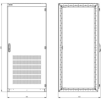 'Cabinet Dimension Drawing: Front view left with 800mm width, side view right with 863mm width, height 2066mm, door with ventilation slots.'