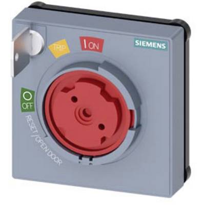 A grey Siemens switchgear with a red rotary knob shows 'ON', 'TRIP', 'OFF'. The knob has labels 'RESET', 'OPEN DOOR'.