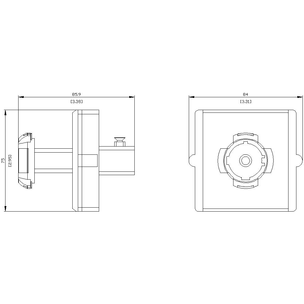 Technical drawing of a component with two views. Left: Side view showing dimensions, right: Top view with detailed central structure.