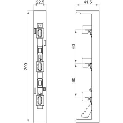Technical drawing of a rectangular electrical installation unit with dimensions: height 200 mm, width 22.5 mm, depth 41.5 mm.