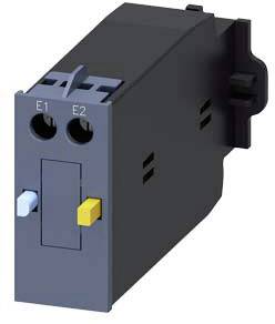 Electrical component with two terminals, E1 and E2, and coloured switches, blue and yellow, positioned to the side.