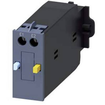 Electrical component with two terminals, E1 and E2, and coloured switches, blue and yellow, positioned to the side.