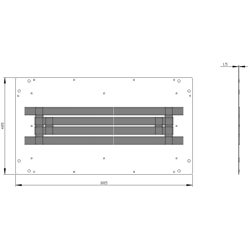 Technical drawing shows a rectangular structure with two parallel stripes in the middle. Dimensions are 485x885 mm with a thickness of 1.5 mm.