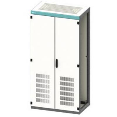 Metal cabinet with ventilation slots and two doors, upper edge in turquoise, for storing electronics or equipment.