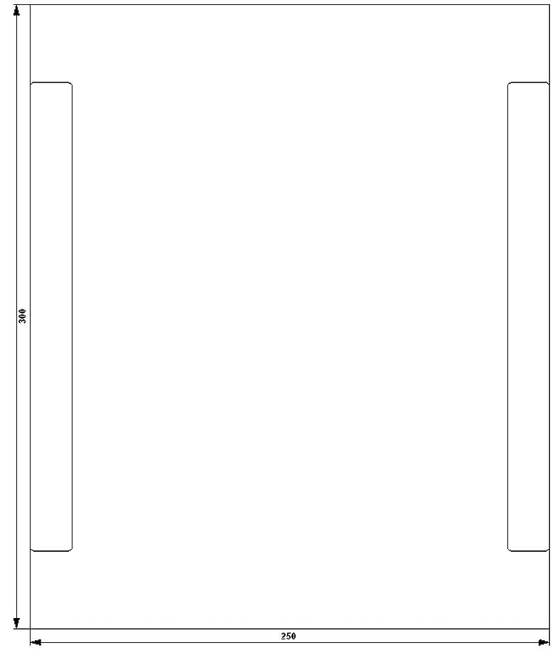 Technical drawing of a rectangular sheet metal with two inserted tabs on the sides, showing dimensions: height 300 mm, width 250 mm.