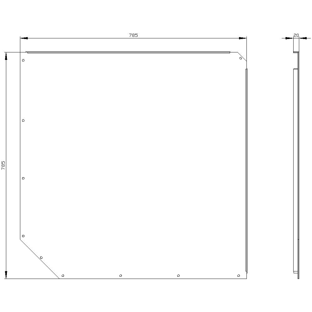 Technical drawing of a rectangular component with dimensions 785 x 785 mm and a thickness of 20 mm, side view on the right.