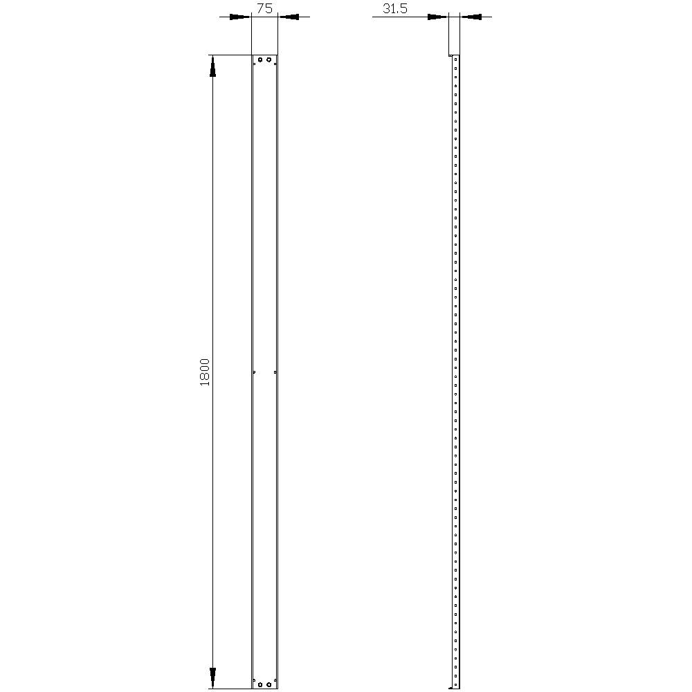 Drawing of a metal profile with dimensions: height 1800 mm, width 75 mm, depth 31.5 mm, with holes at both ends.