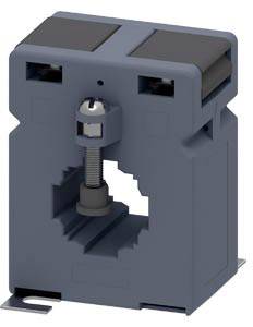 A grey current transformer with two black screws on top, a threaded slot in the middle, and a large, rectangular cavity.