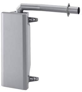 Grey rectangular component with an integrated pipe on top; likely a technical device, possibly a heat exchanger or cooler.